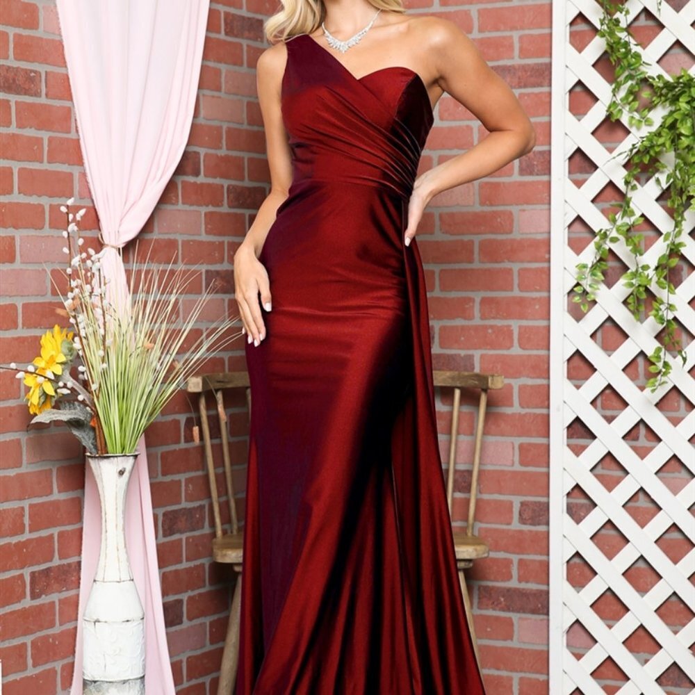 N/A Burgundy Prom Party Evening Long One Shoulder Sheath Shape Prom Dress Ac387
